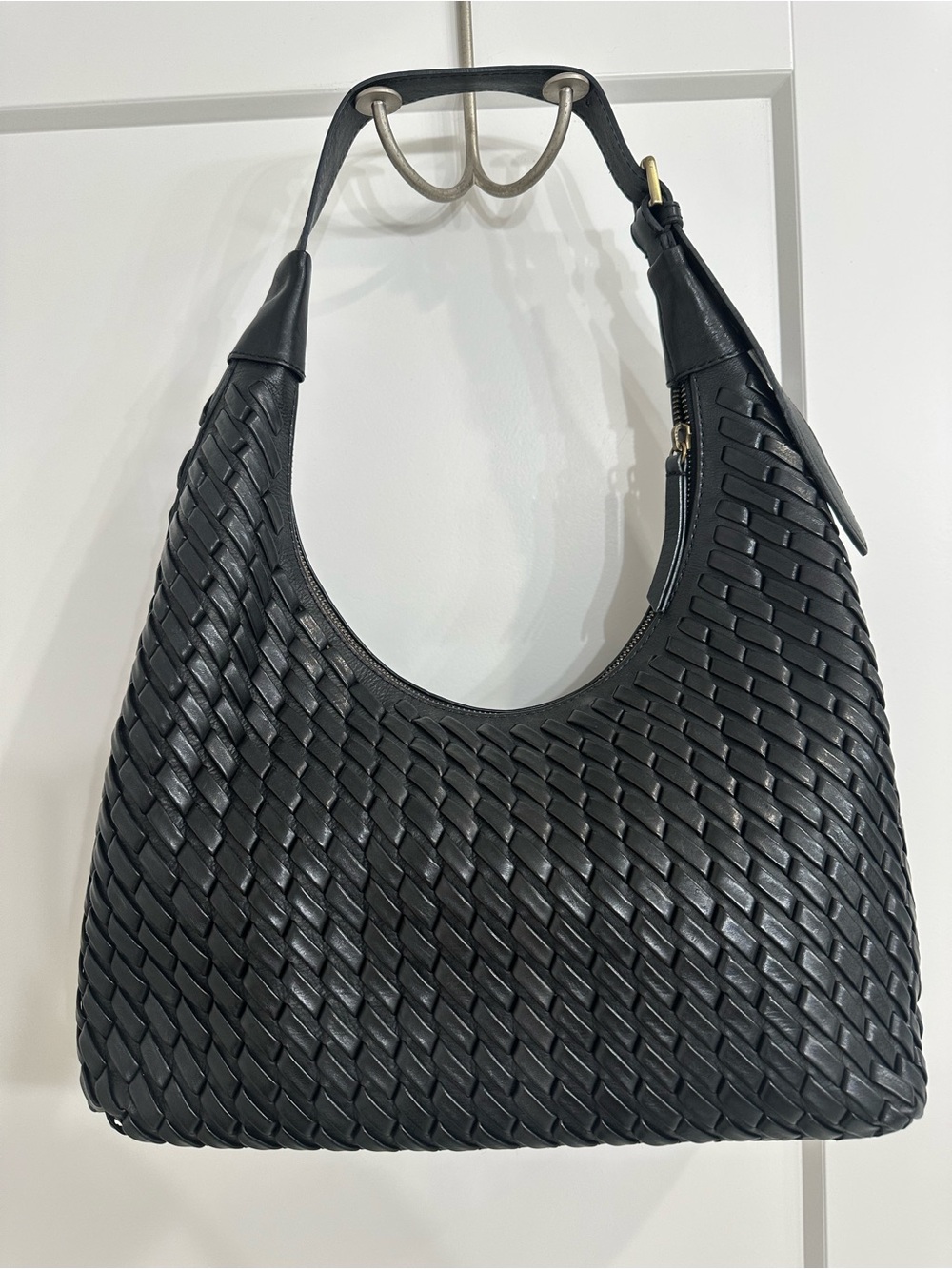 Woven Leather Hobo Bag - Black